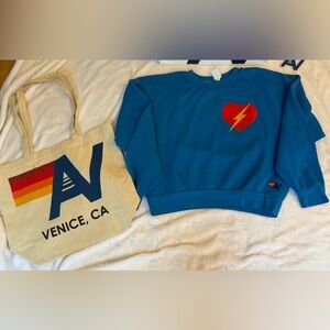 NWT Aviator Nation Bolt Heart Relaxed Crew Sweatshirt  Blue Small + Tote Bag